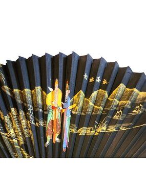 Chinese Folding Fan Hand-Painted Scenic  Bamboo Paper Includes Box